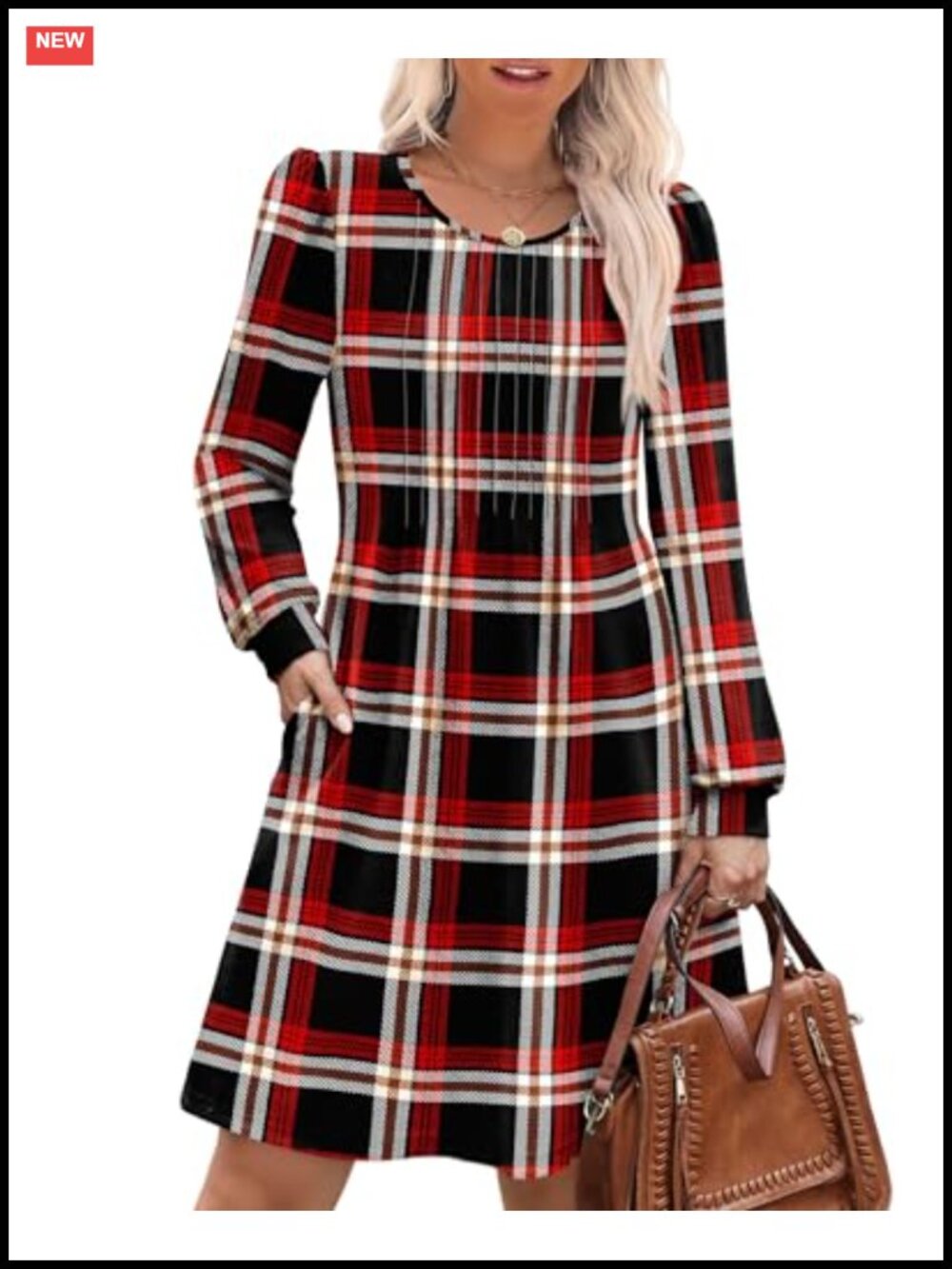 Pleated Crew Neck Long Sleeve A-Line Dress with Pockets Knee Length Casual